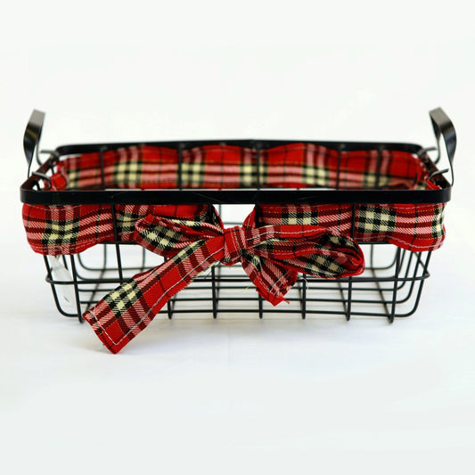 Black Wire With Red Plaid Ribbon Accent Basket