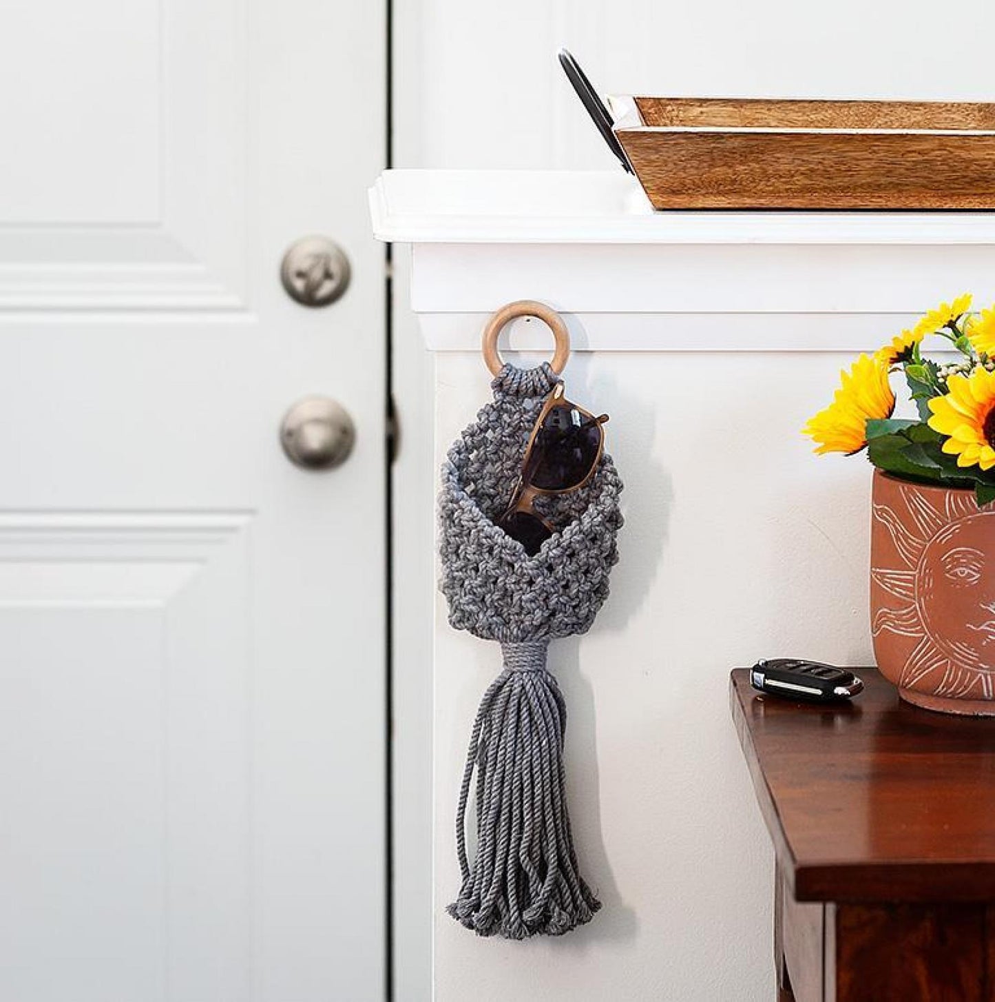 Gray Macrame Wall Pouch Wall Decor