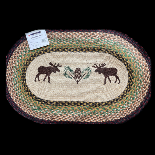 Braided Jute With Moose And Pine Cone Print Oval Rug
