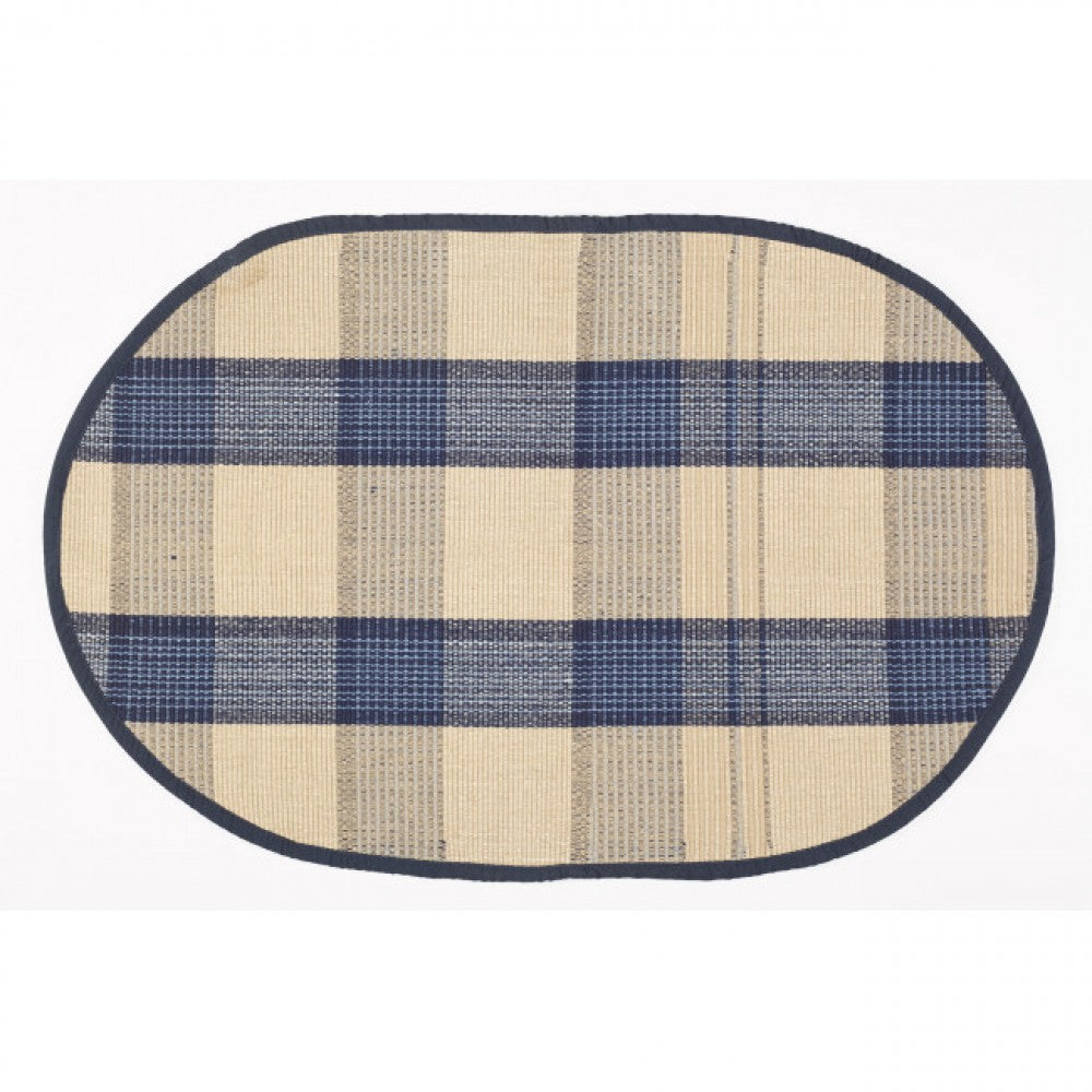 Sand Blue Check Pattern Oval Rug