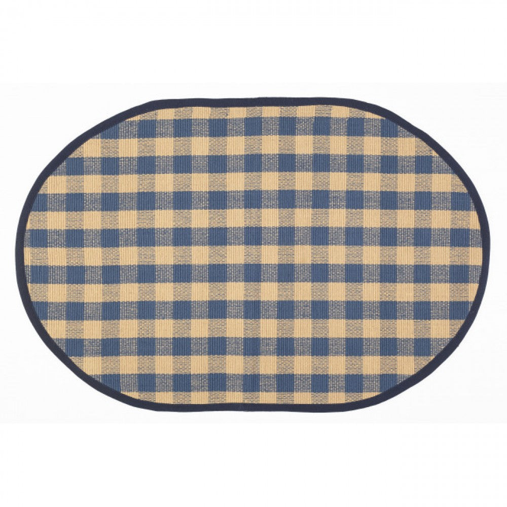 Navy Blue And Beige Check Pattern Oval Rug