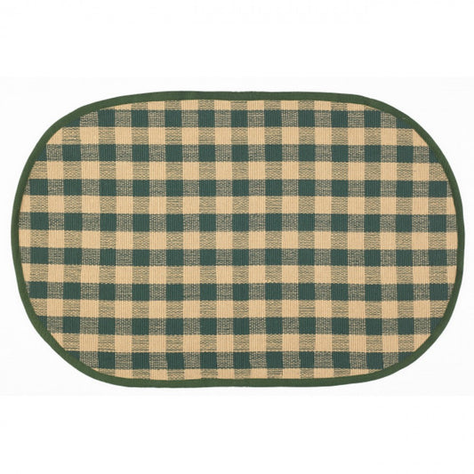 Green And Beige Check Pattern Oval Rug