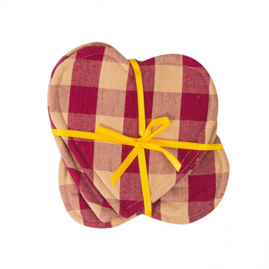 Set Of 4 Burgundy Check Pattern Heart Shaped Coasters