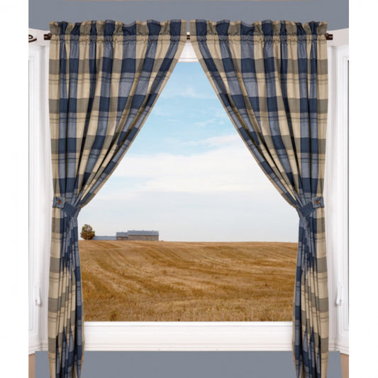 Sand Blue Check Pattern Rod Pocket Curtain