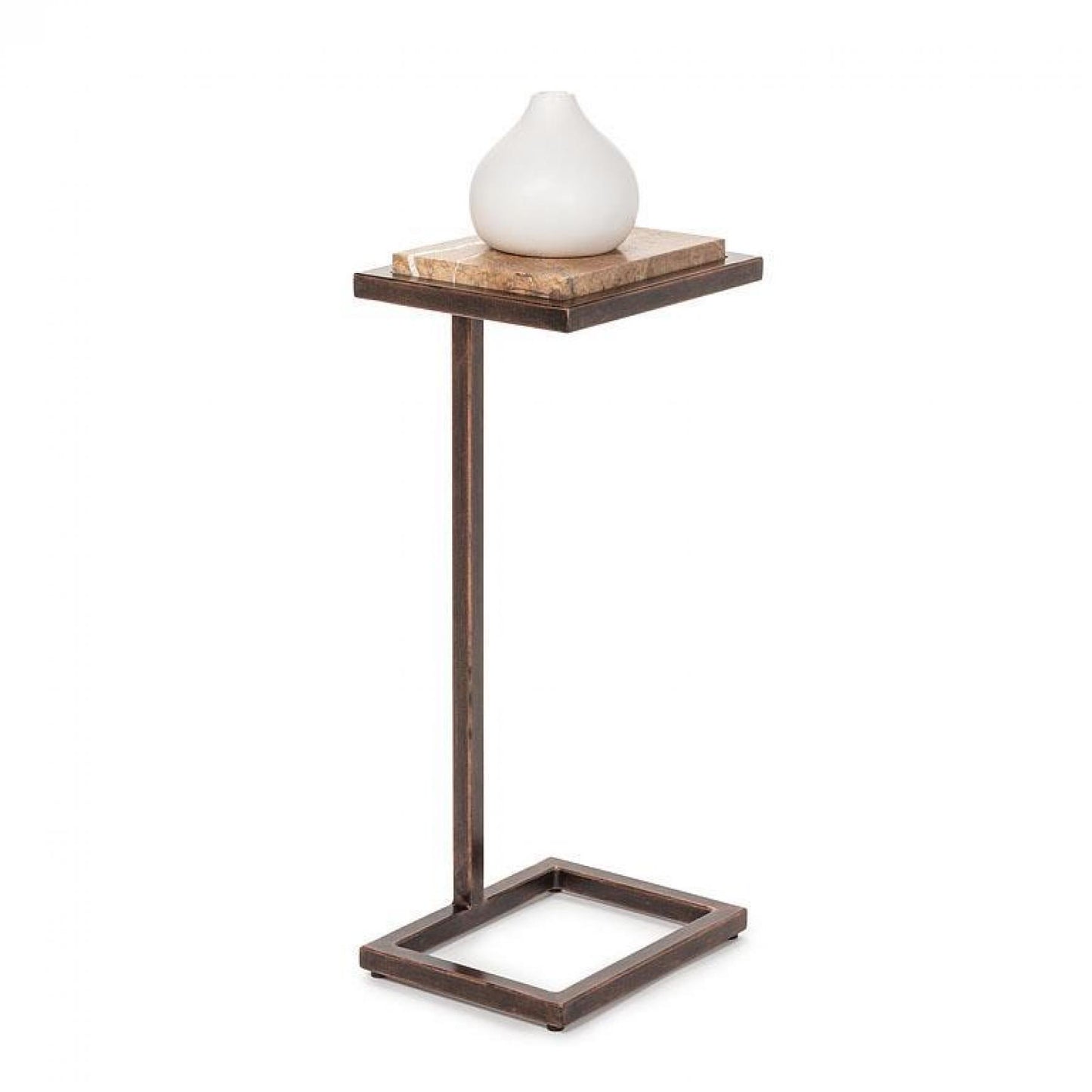 C-Shaped Antique Copper Color Frame With Brown Marble Top Accent Table