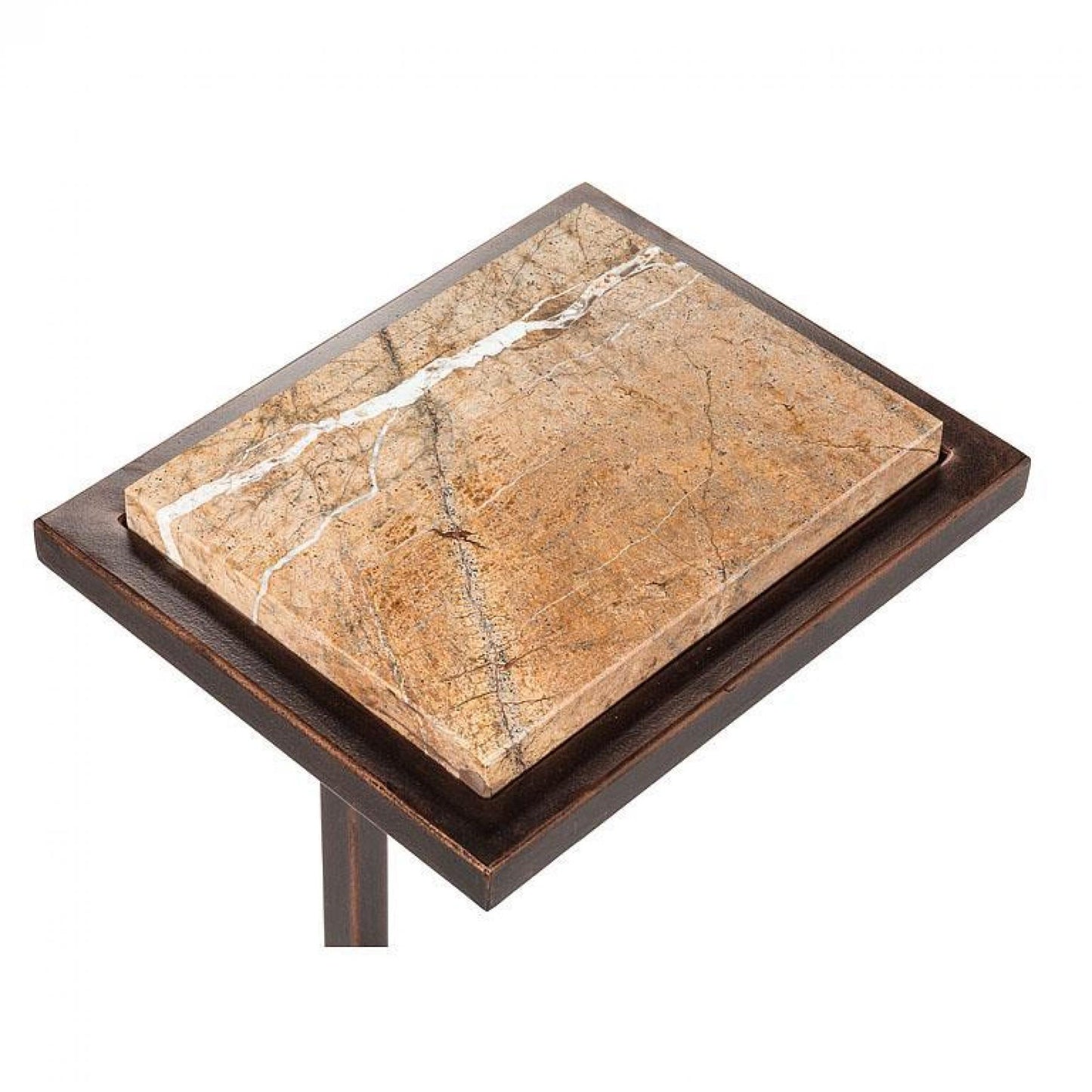 C-Shaped Antique Copper Color Frame With Brown Marble Top Accent Table