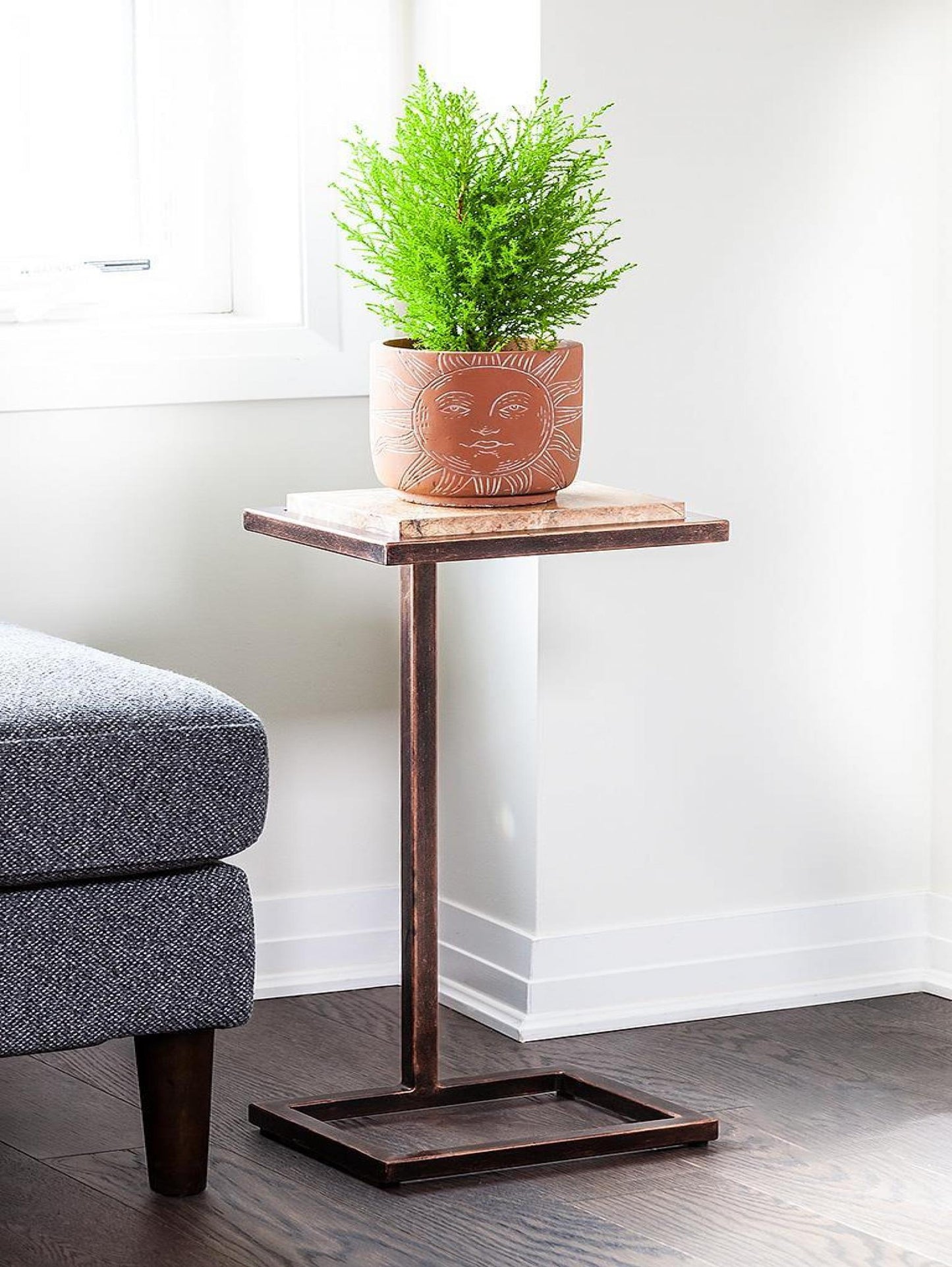 C-Shaped Antique Copper Color Frame With Brown Marble Top Accent Table