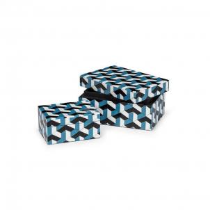 Set Of 2 Blue, White And Black Rectangle Mosaic Boxes