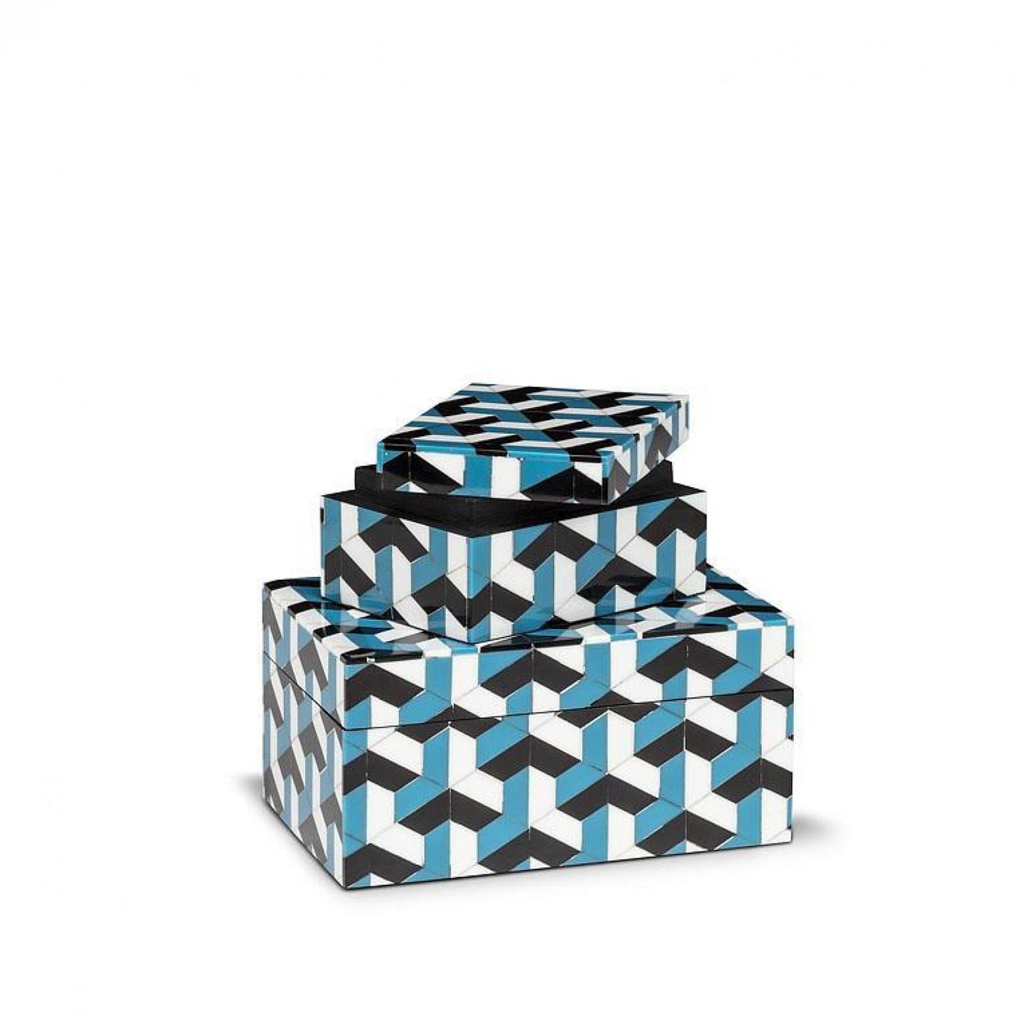 Set Of 2 Blue, White And Black Rectangle Mosaic Boxes