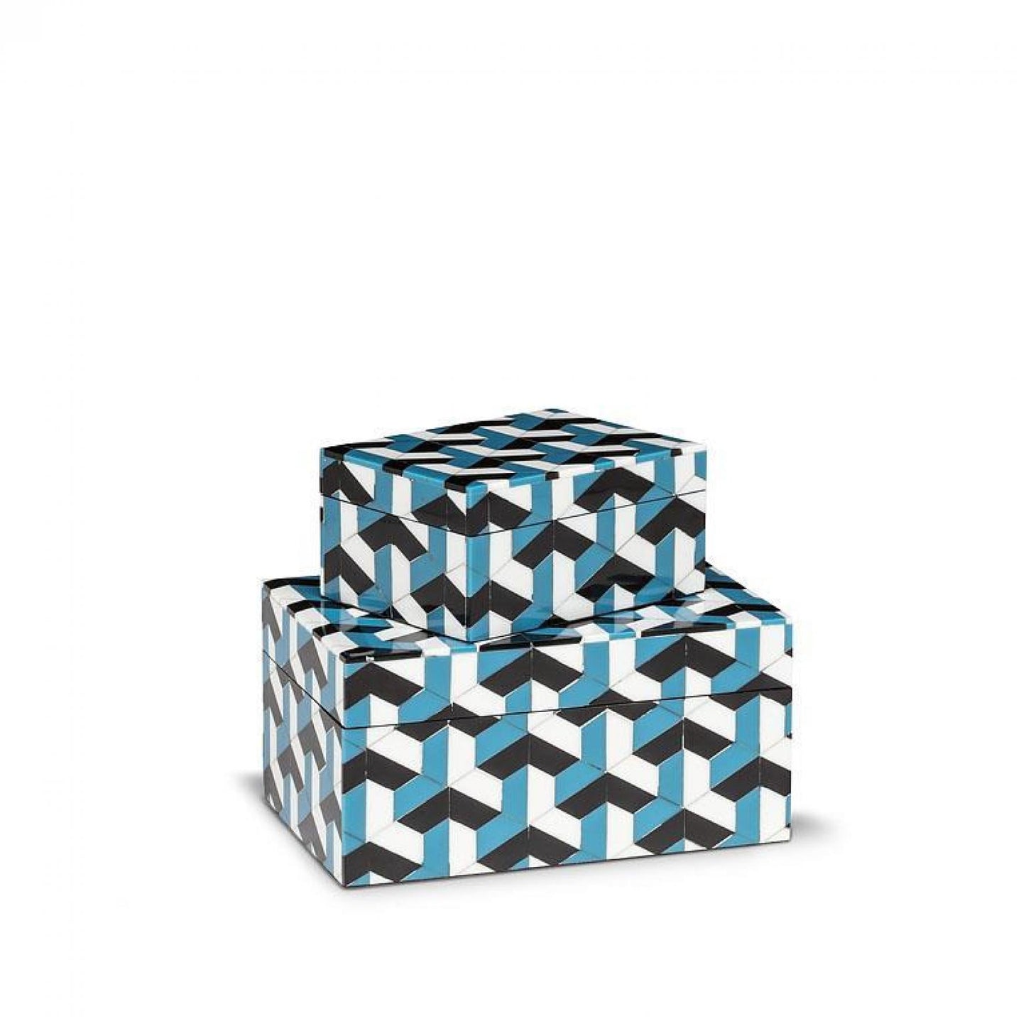 Set Of 2 Blue, White And Black Rectangle Mosaic Boxes