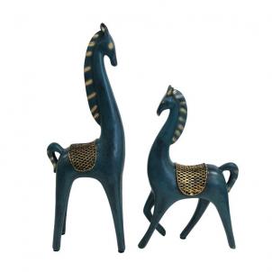 Set Of 2 Blue Abstract Long Necked Horse With Gold Saddles Statuette