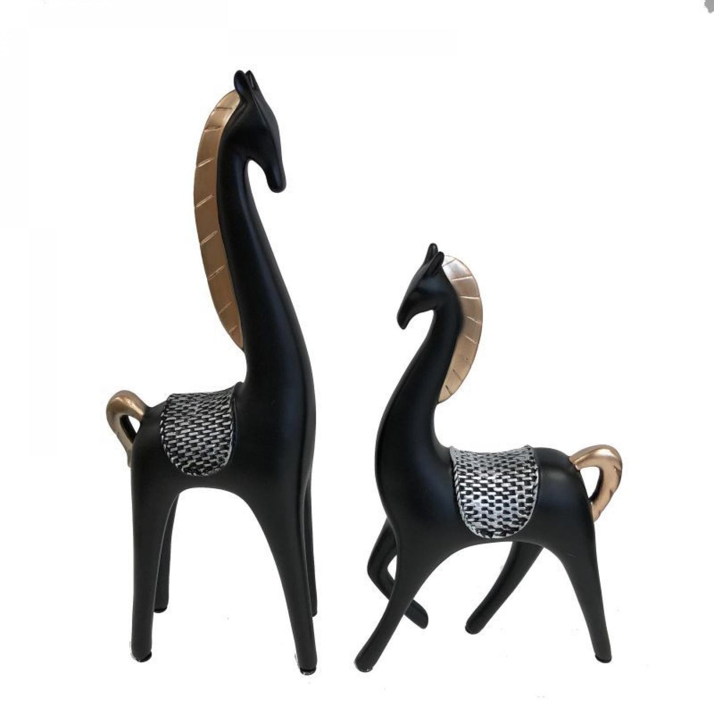 Set Of 2 Black Abstract Long Necked Horse With Silver Saddles Statuette