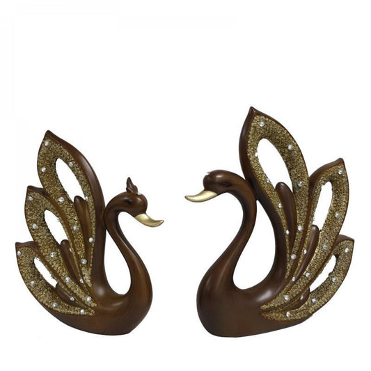 Set Of 2 Brown And Gold Swans Figurine