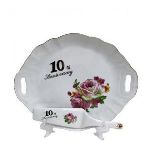 10Th Anniversary With Flowers Server And Handled Cake Tray