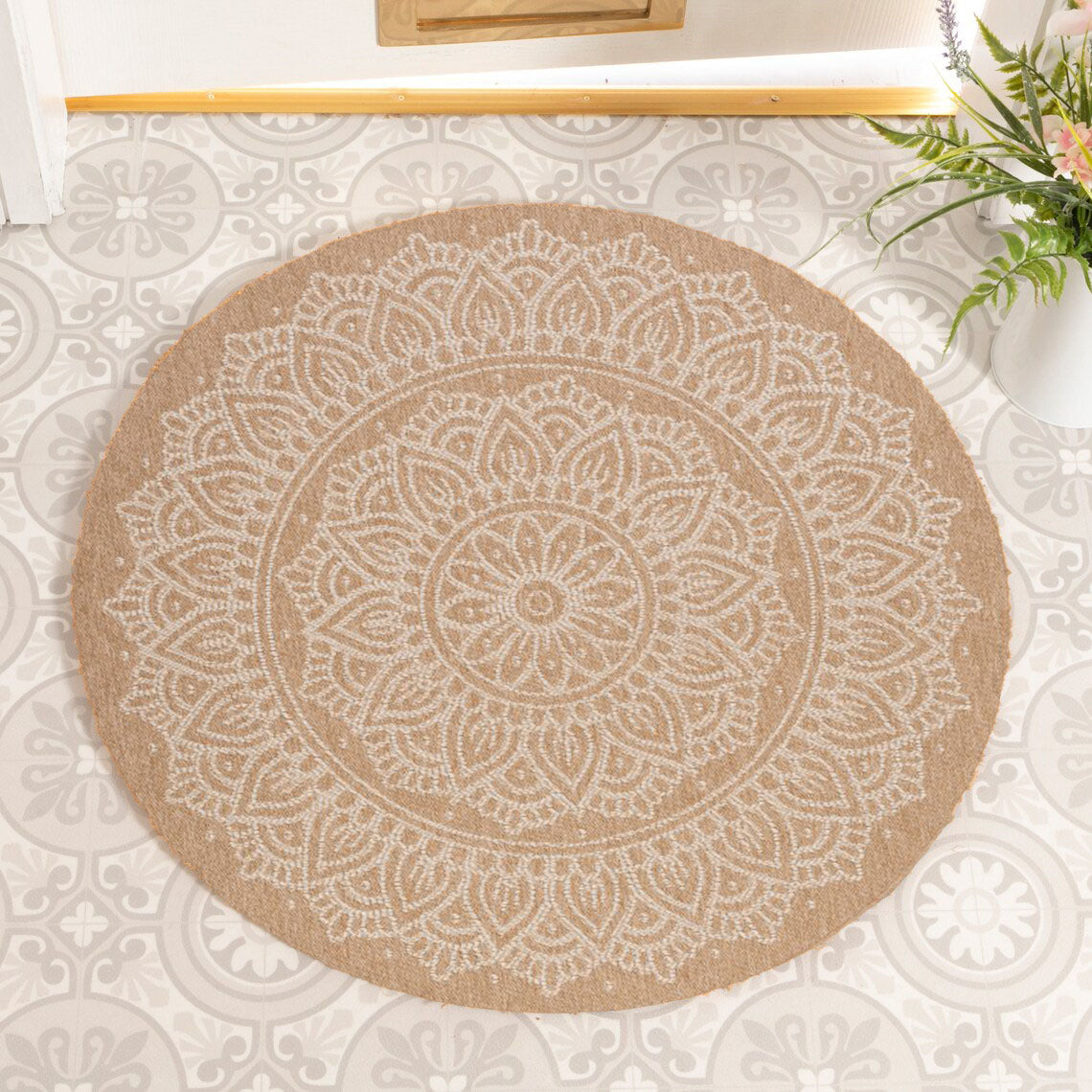 Avanos Indoor Outdoor Brown And White Mandala Pattern Rug