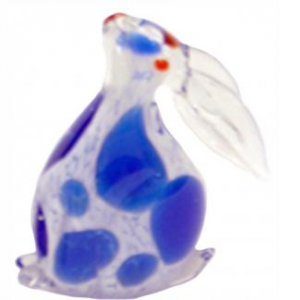 White And Blue Heads Up Sitting Bunny Glass Figurine