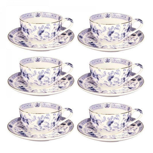 Set Of 6 Blue Floral Pattern Cup & Saucer