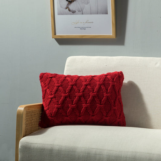 Red Cable Knit Diamond Pattern With Feather Down Insert Pillow