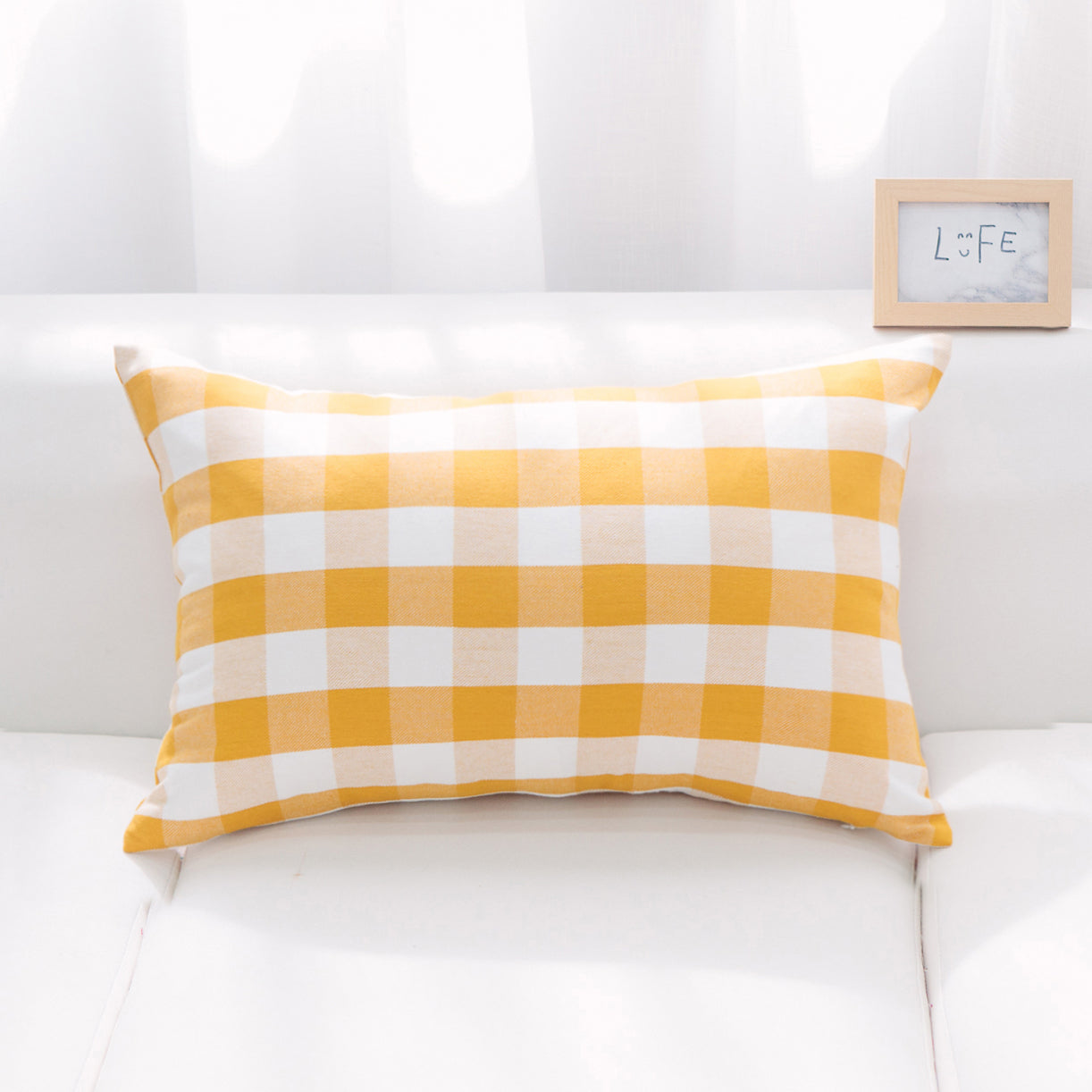 Yellow And White Buffalo Check Lumbar With Feather Down Insert Pillow