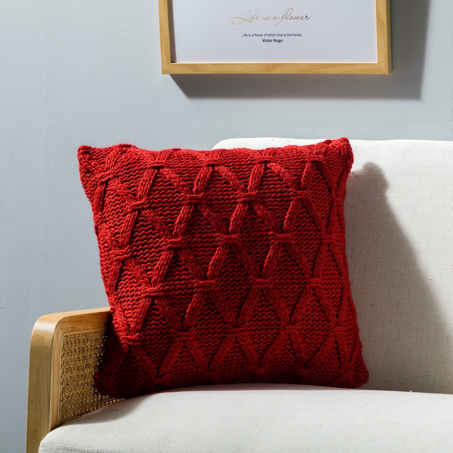 Red Diamond Pattern Knit With Feather Down Insert Pillow