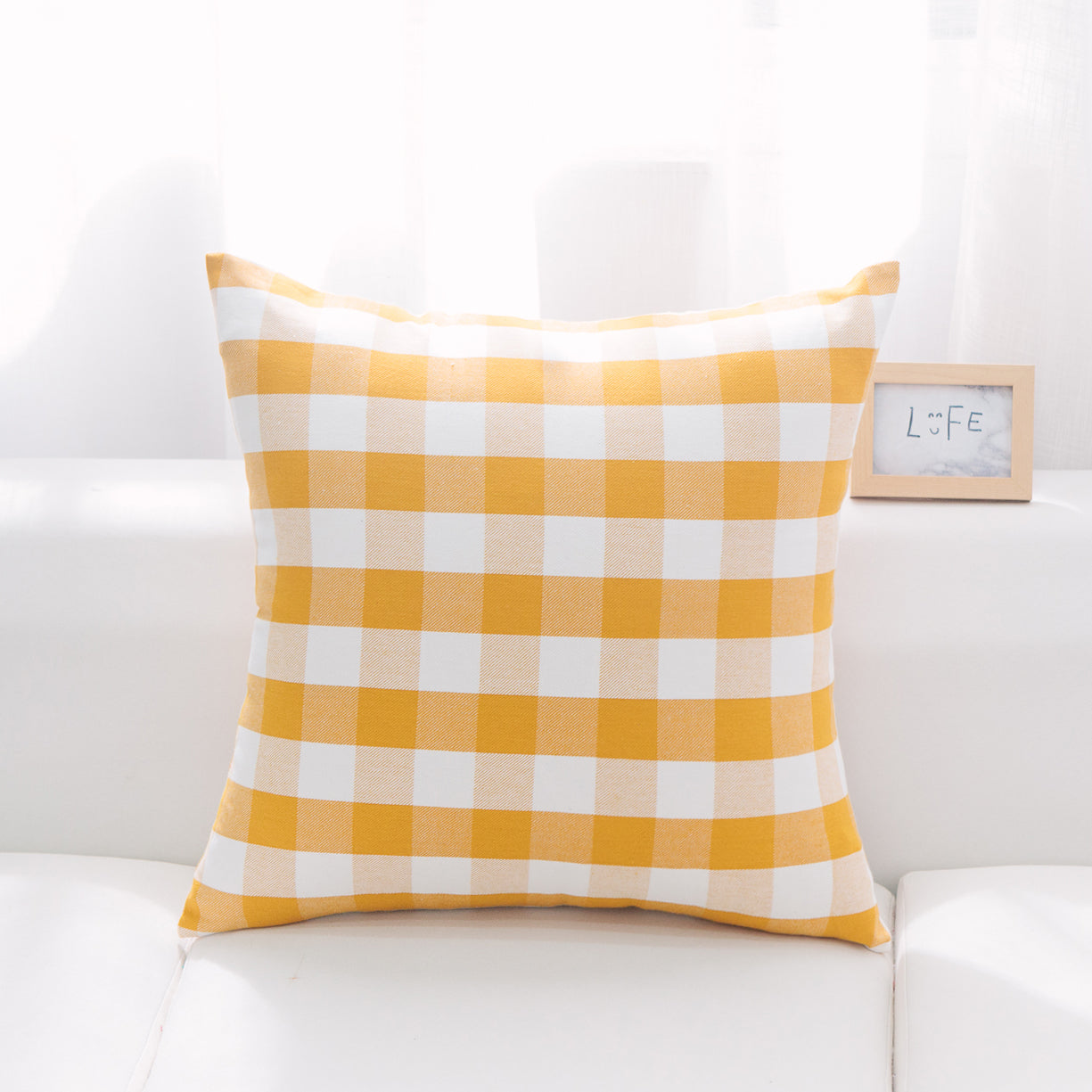 Euro Size Yellow And White Checks With Feather Down Insert Pillow