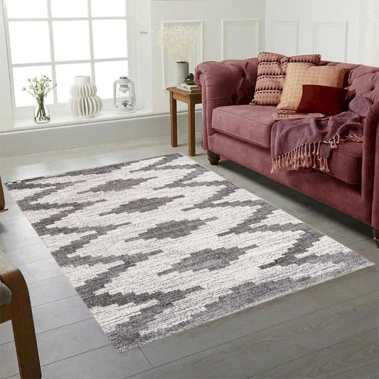 Bisera Gray And White Geometric Pattern Shag Rug