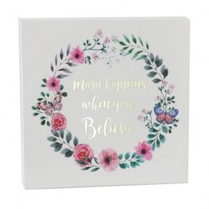 Floral Wreath With Text- Magic Happens When You Believe Block Sign