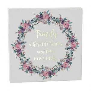 Floral Wreath With Text- Family Where Life Begins And Love Never Ends Block Sign