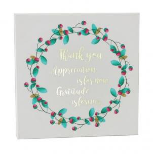 Floral Wreath With Text- Thank You Appreciation Is For Now. Gratitude Is Forever Block Sign