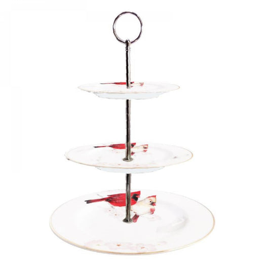 3 Tier With Cardinals And Silver Handle Cake Stand