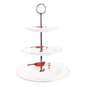 3 Tier With Cardinals And Silver Handle Cake Stand