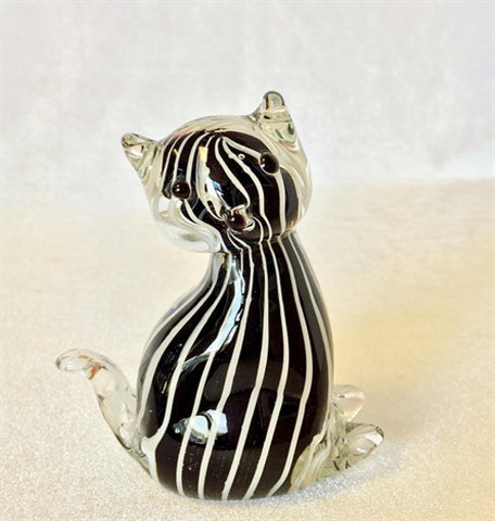 Black And White Stripes And Clear Sitting Cat Glass Figurine