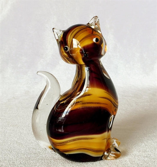 Black,Amber And Clear Sitting Cat Glass Figurine