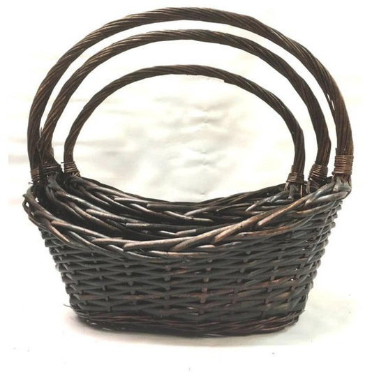 Set Of 3 Boat Shaped Willow Long Handled Baskets