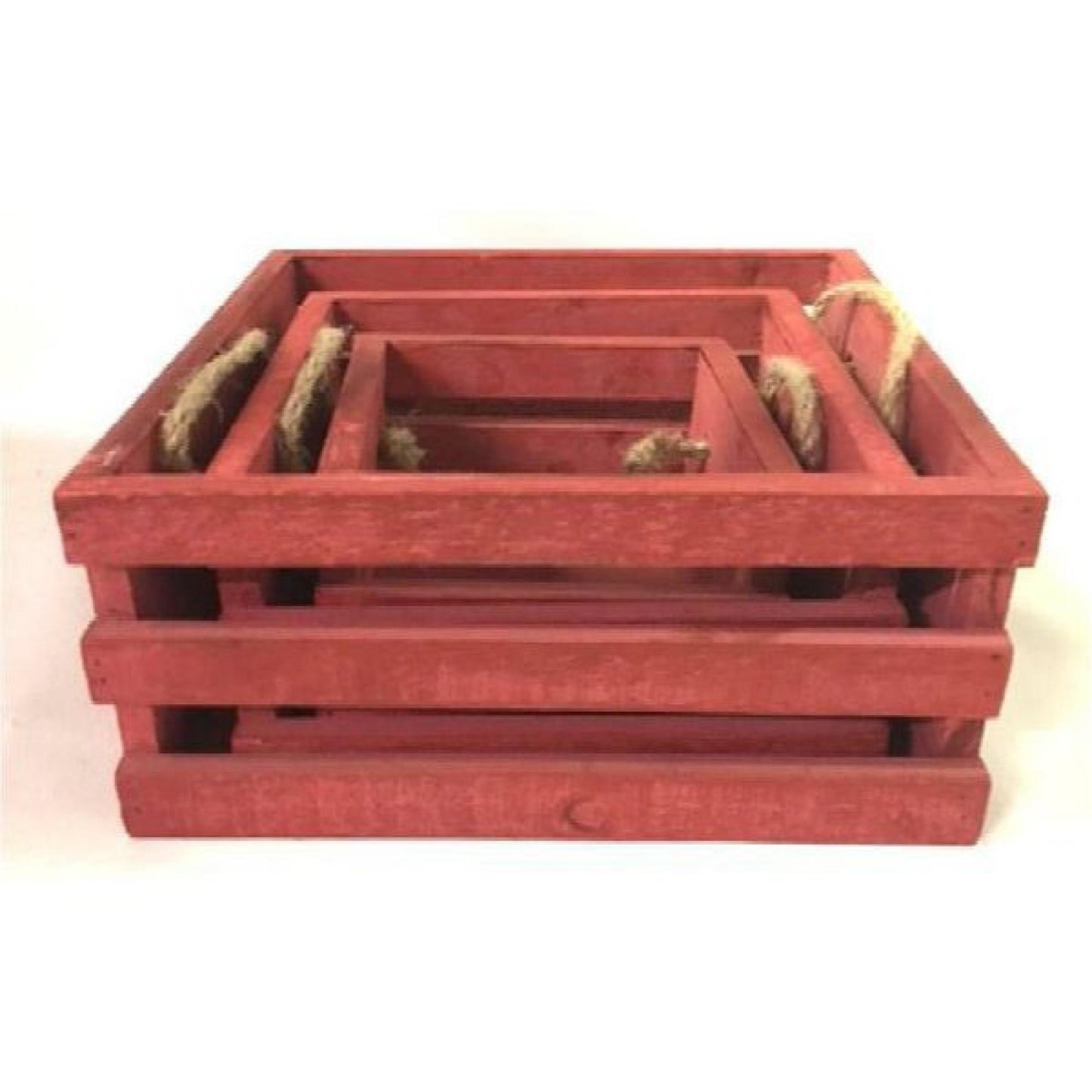 Set Of 3 Square Red With Jute Handle Crates