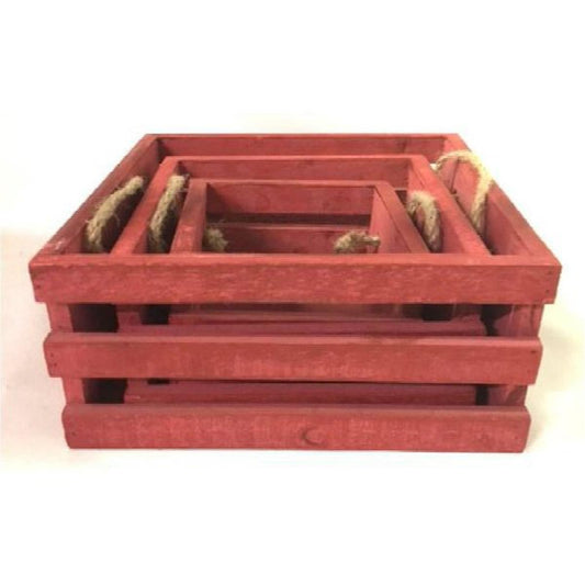 Set Of 3 Square Red With Jute Handle Crates