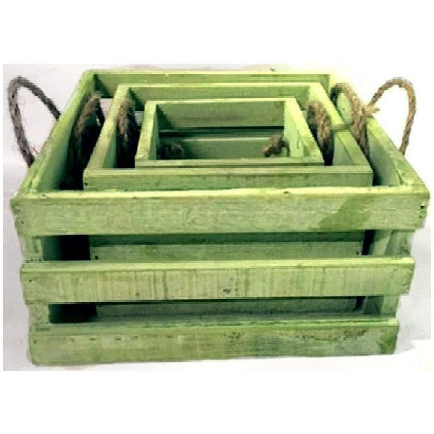 Set Of 3 Square Green With Jute Handles Crates