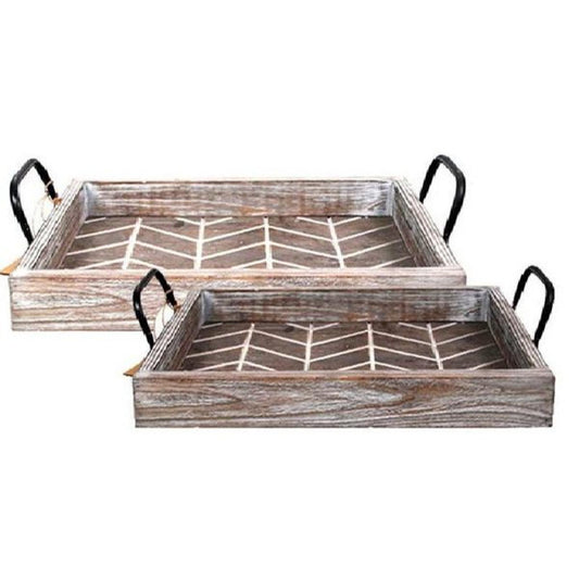 Set Of 2 Wood With Iron Handles Trays