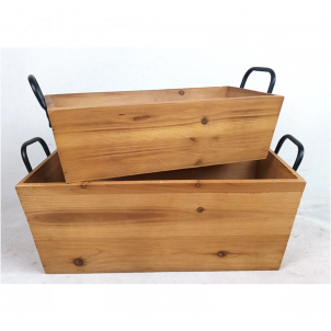 Set Of 2 Rectangular Tapered Wood With Iron Handles Crates