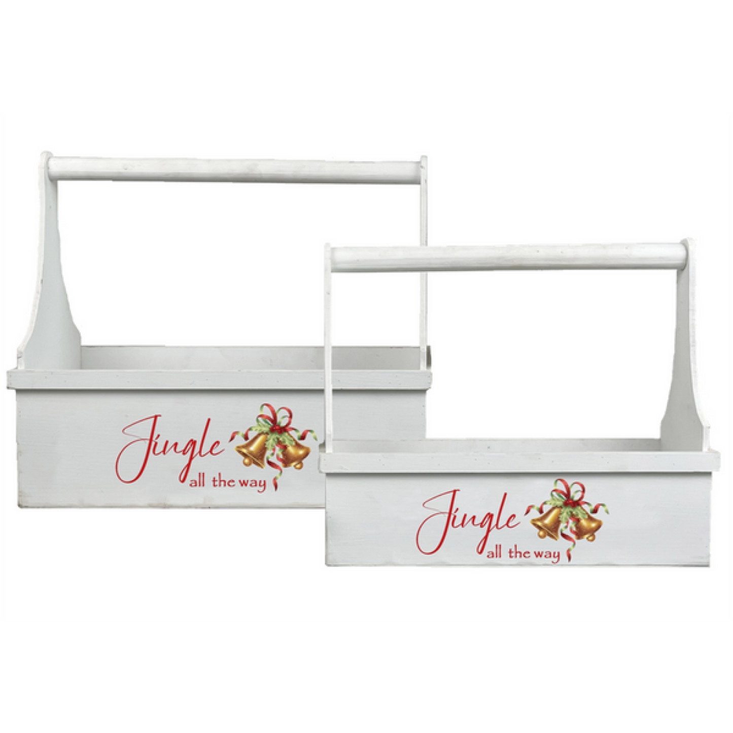 Set Of 2 White Wood "Jingle All The Way" Tool Box Style Baskets