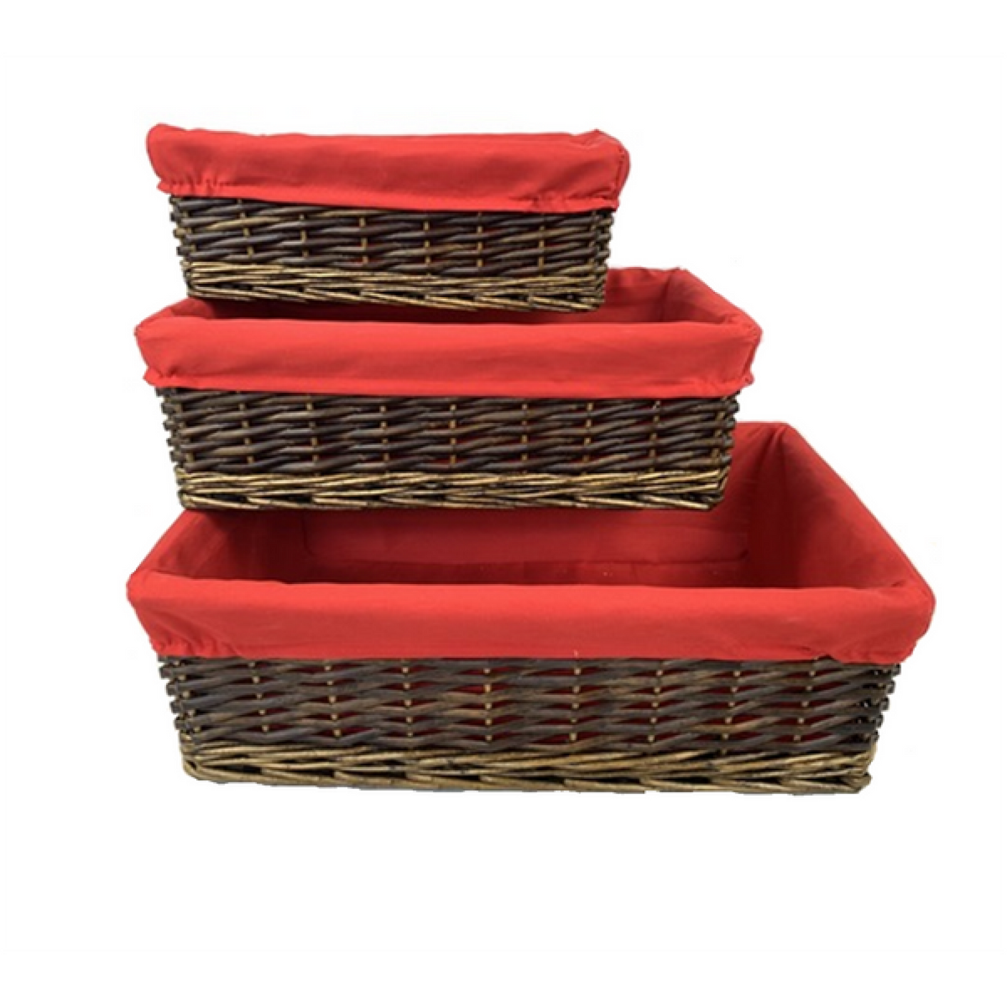 Set Of 3 Willow With Red Fabric Liners Baskets