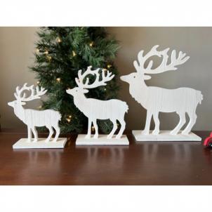 Set Of 3 White Wood Reindeer On A Stand Christmas Decor