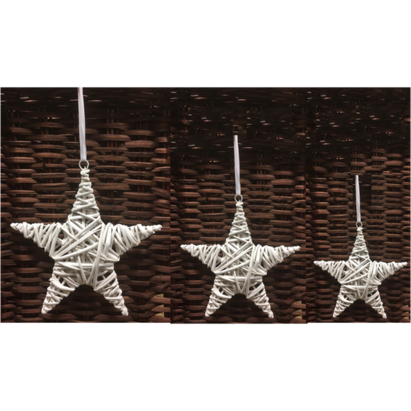 Set Of 3 White Willow Hanging Stars With Satin Ribbons Ornaments