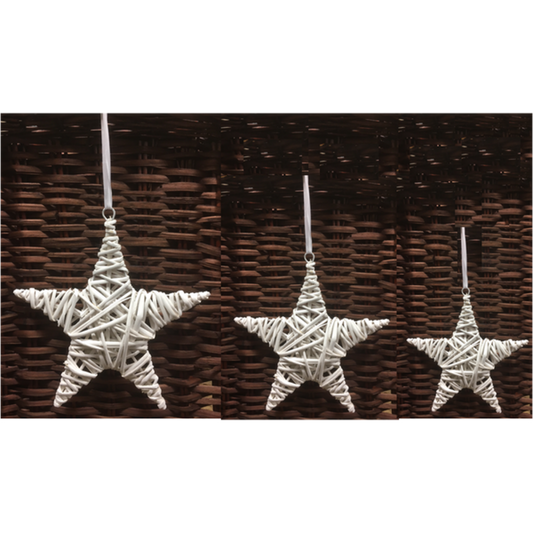 Set Of 3 White Willow Hanging Stars With Satin Ribbons Ornaments