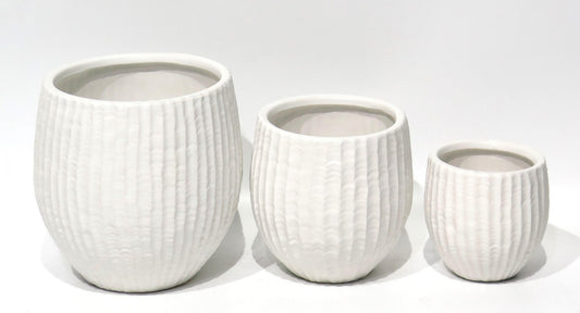Set Of 3 Round White With Lines Planters