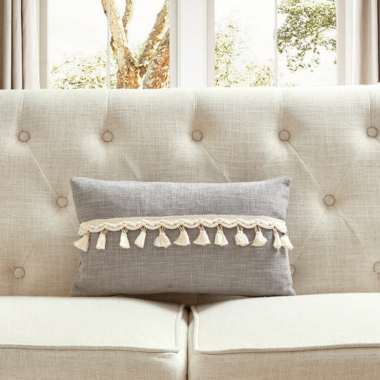 Light Gray Chenille Fabric With Tassel Accents And Feather Down Insert Pillow