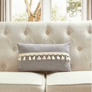 Light Gray Chenille Fabric With Tassel Accents And Feather Down Insert Pillow