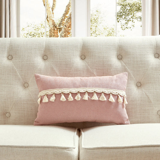 Pink Chenille Fabric With Tassel Accents And Feather Down Insert Pillow