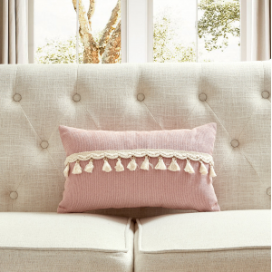 Pink Chenille Fabric With Tassel Accents And Feather Down Insert Pillow