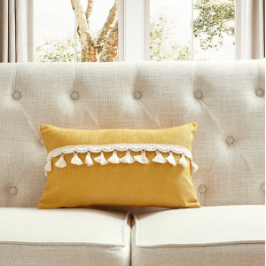 Yellow Chenille Fabric With Tassel Accents And Feather Down Insert Pillow